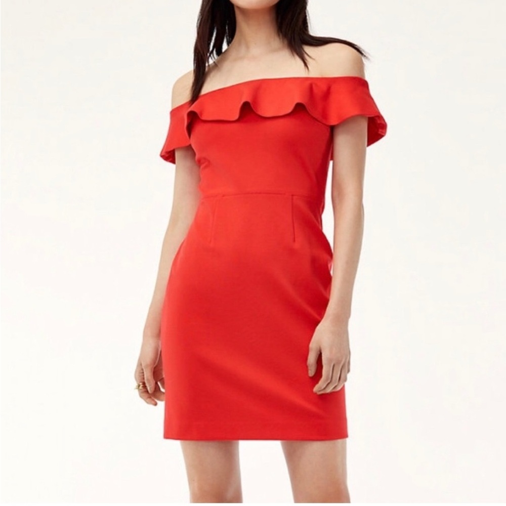 Babaton by Aritzia Emry Off The Shoulder Ruffle Trim Bodycon Mini Dress Red US 4